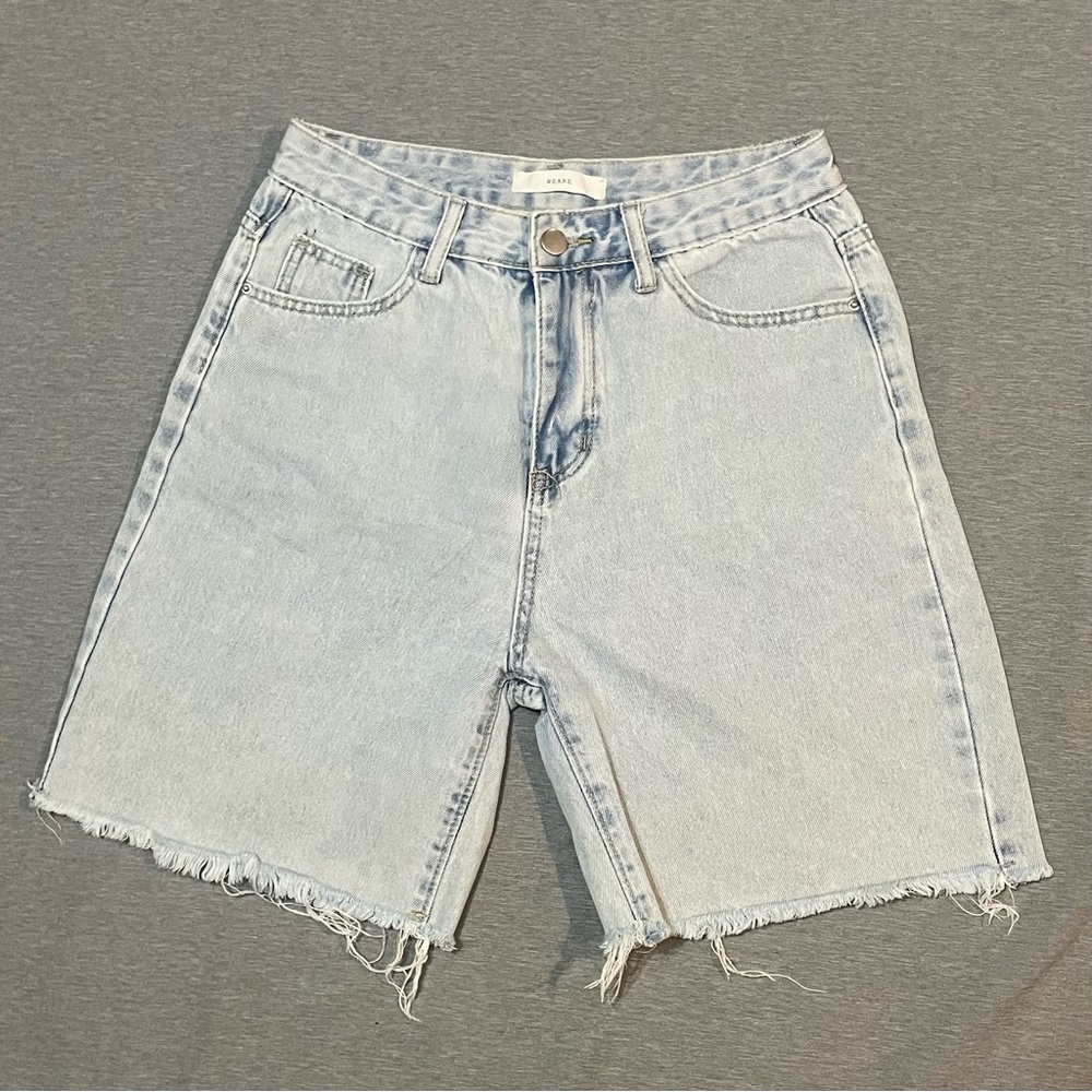 WEARE Light Wash Denim Jorts High Rise Frayed Hem 26” Waist